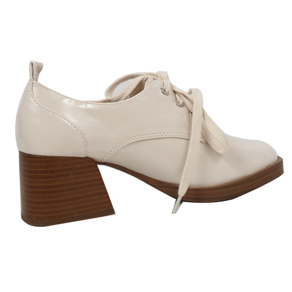 Size 7 Bone Square Top Lace Up Oxford Stacked Block Heel Loafer Shoes - Picture 5 of 6